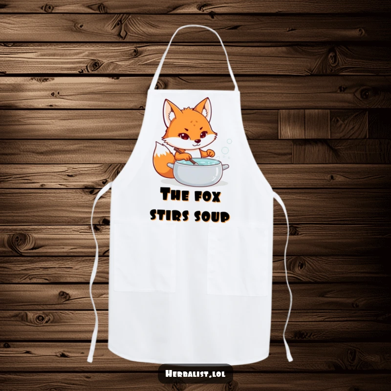 Funny fox potion maker apron, determined expression, stirring bubbling pot, protective and humorous kitchen wear, amazing funny gift.