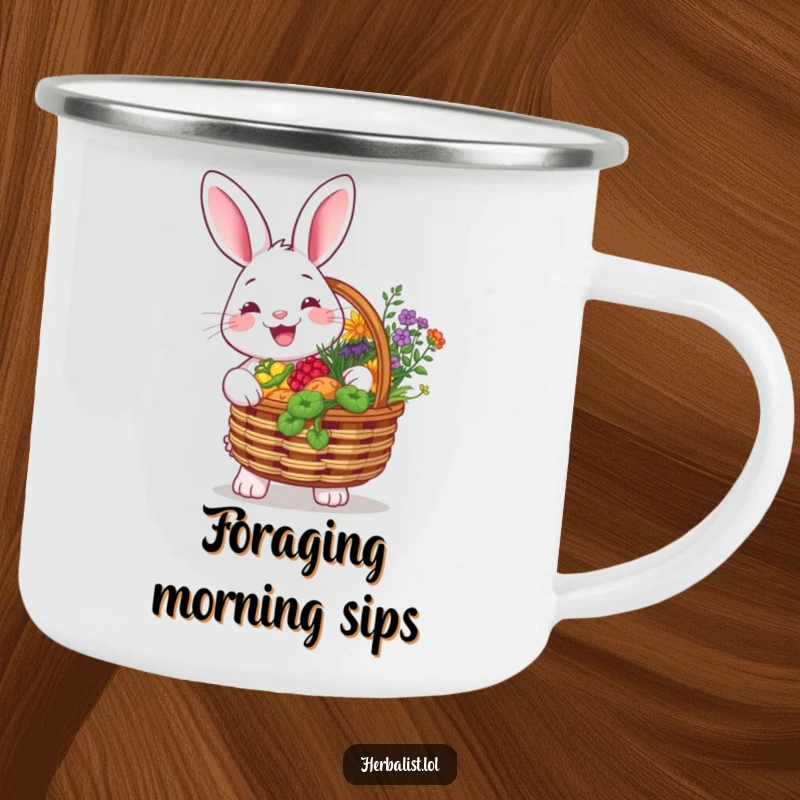 Funny camping mug with a cheerful rabbit holding a basket overflowing with colorful herbs, smiling brightly, perfect for outdoor garden charm.