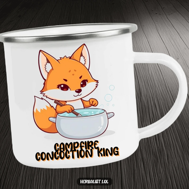 Funny fox potion maker camping mug, determined, stirring bubbling pot, durable and humorous outdoor gear, great funny gift.