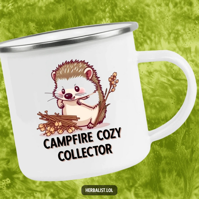 Funny hedgehog herbalist camping mug, determined, arranging dried plants, durable and humorous outdoor gear, great funny gift.