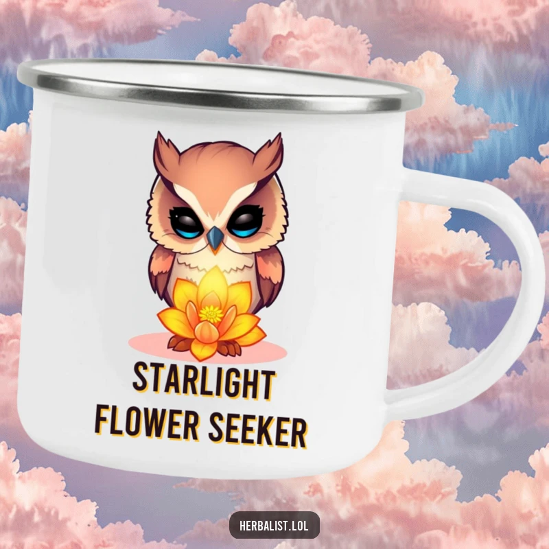 Funny curious owl camping mug, examining a glowing flower, durable and humorous outdoor gear, great funny gift.