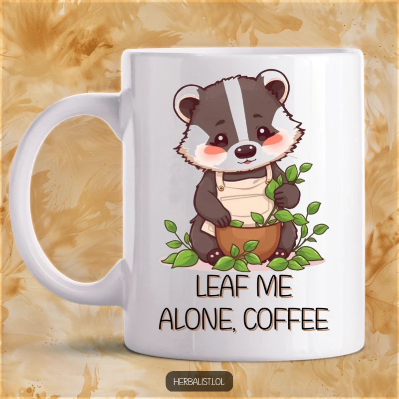 Funny badger chef mug, wearing a tiny apron, intensely crushing leaves, perfect for a humorous kitchen gift.