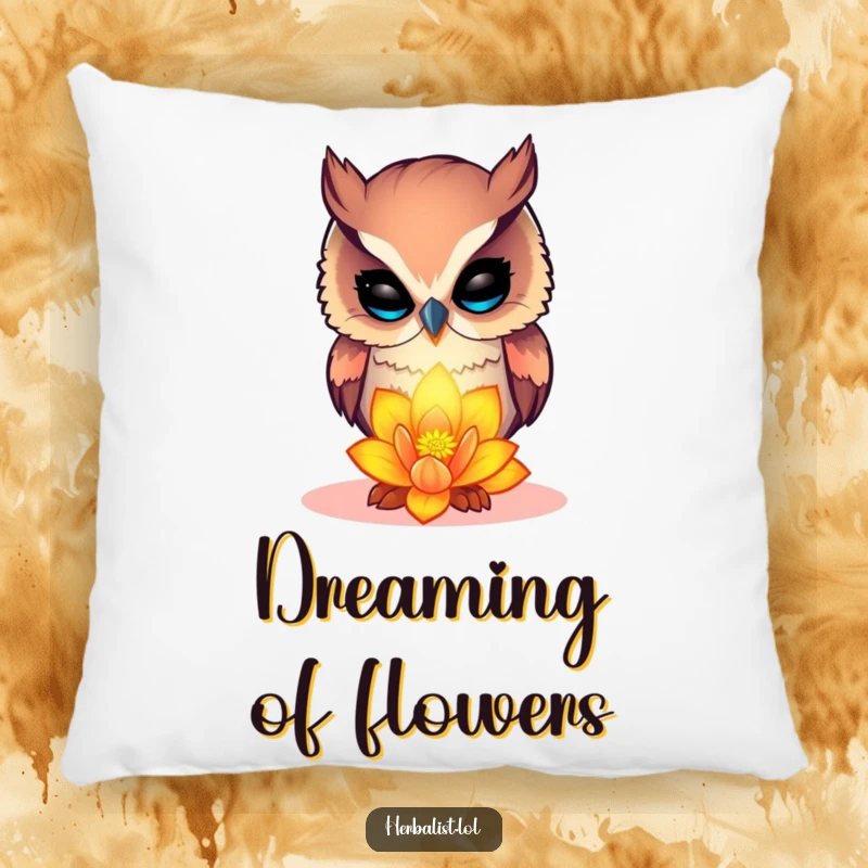 Funny curious owl pillow, examining a glowing flower, soft and humorous decor, wonderful funny gift.