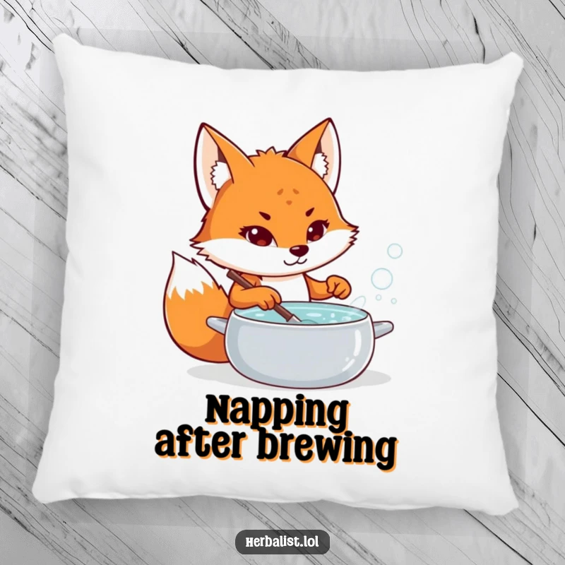 Funny fox potion maker pillow, determined, stirring bubbling liquid, soft and humorous decor, wonderful funny gift.