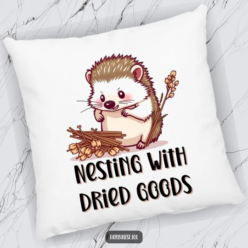 Funny hedgehog herbalist pillow, determined, arranging dried plants, soft and humorous decor, wonderful funny gift.