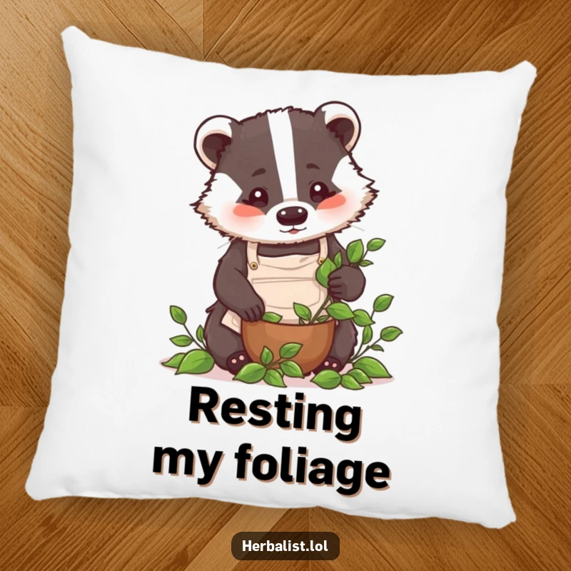 Funny badger chef pillow, focused on crushing leaves, wearing apron, soft and humorous decor, wonderful funny gift.