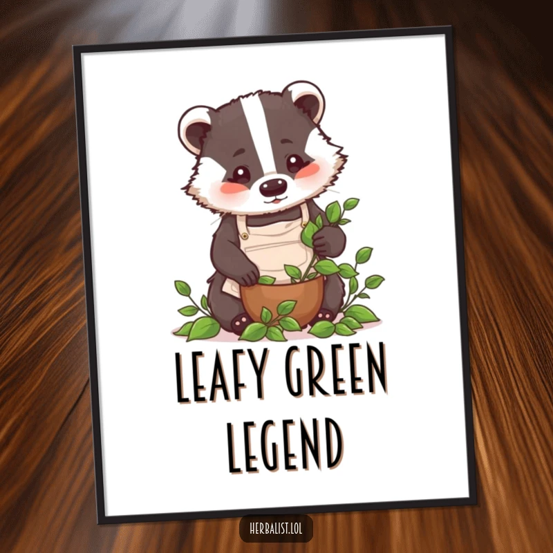 Funny badger chef digital art print, focused, wearing apron, crushing leaves, whimsical and humorous wall decor, perfect funny gift.