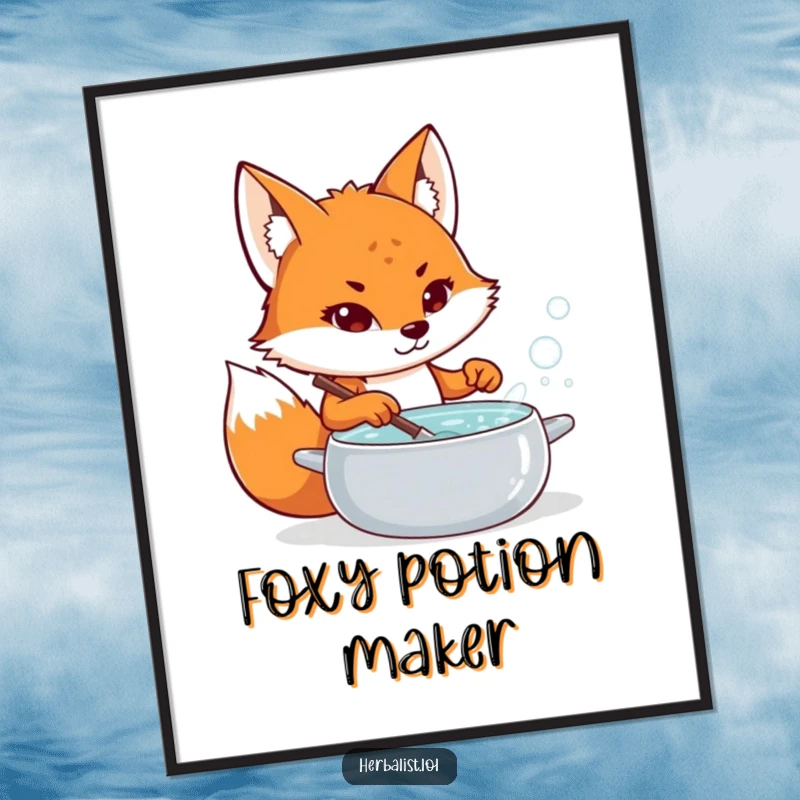 Funny fox potion maker poster, determined, stirring bubbling brew, whimsical and humorous wall decor, excellent funny gift.