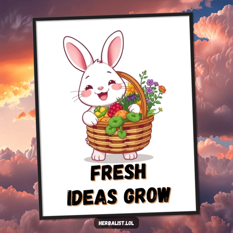 Funny poster of a cheerful rabbit with a basket overflowing with colorful herbs, smiling brightly, bringing garden joy and natural beauty to decor.