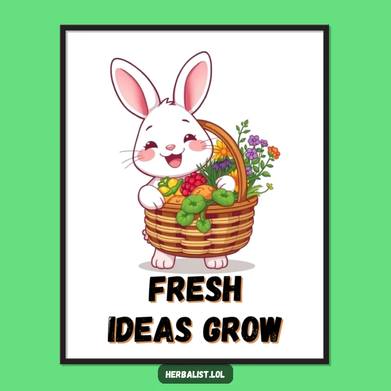 Funny Rabbit Herb Garden Art Print - Cheerful Botanical Decor