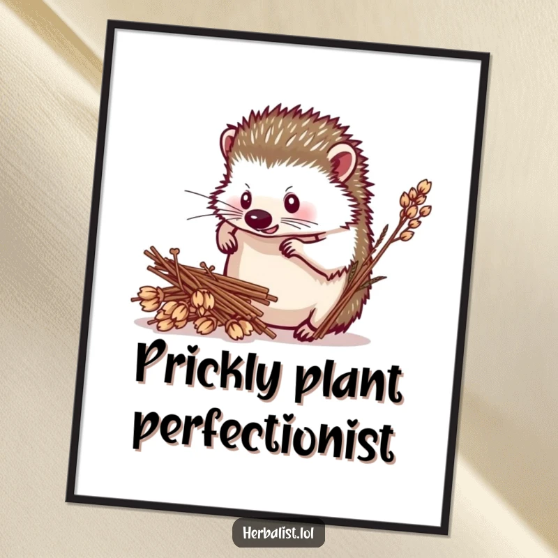Funny hedgehog herbalist poster, determined, arranging dried plants, charming and humorous wall decor, ideal funny gift.