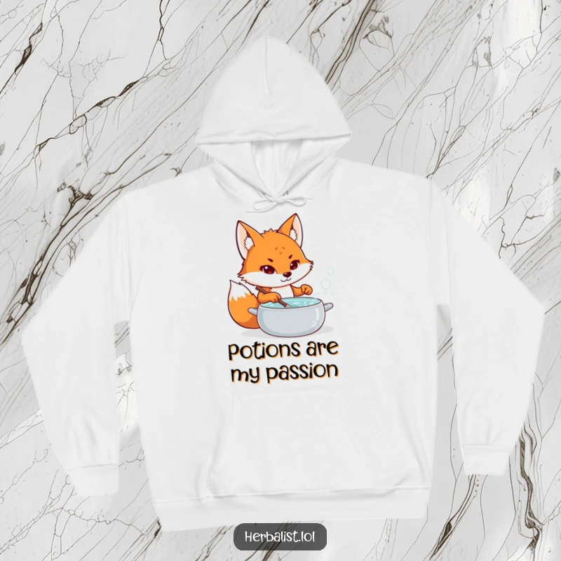 Funny fox potion maker hoodie, determined, stirring bubbling pot, cozy and humorous winter wear, amazing funny gift.