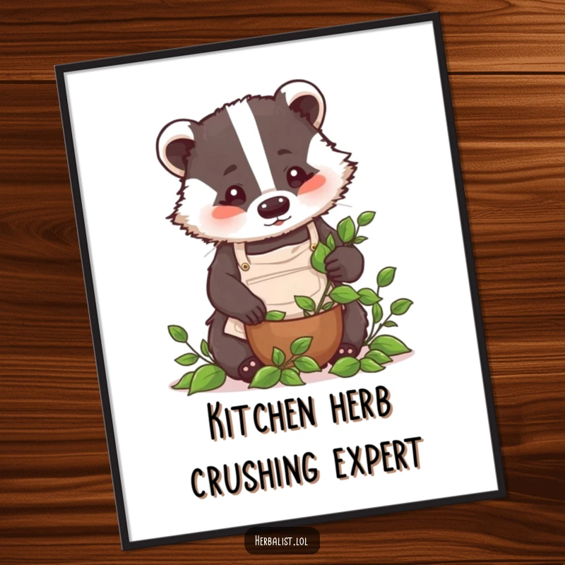 Funny Free Printable Wall Art: Focused badger chef in apron crushing leaves, adding kitchen humor, downloadable art.