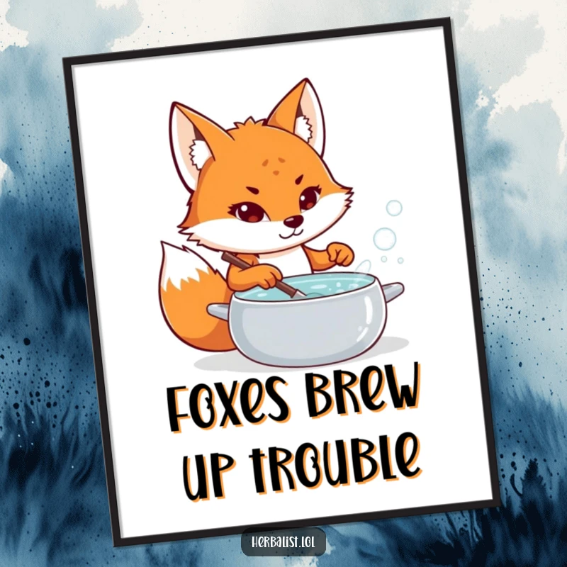 Funny Free Printable Wall Art: Playful fox stirring bubbling potion, adding mystical humor to decor, downloadable art.