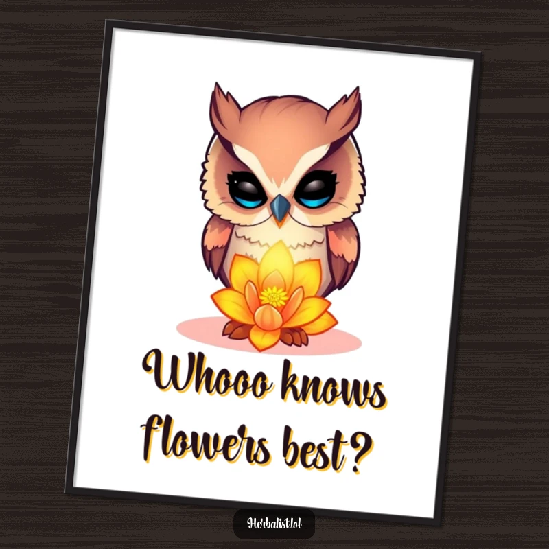 Funny Free Printable Wall Art: Curious owl examining vibrant glowing flower, adding whimsical beauty, downloadable art.