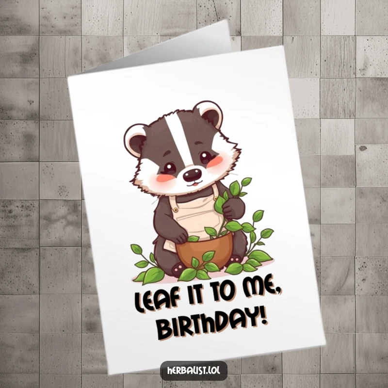 Funny Free Printable Birthday Card: Focused badger chef in apron crushing leaves, perfect for a gourmet gag gift.