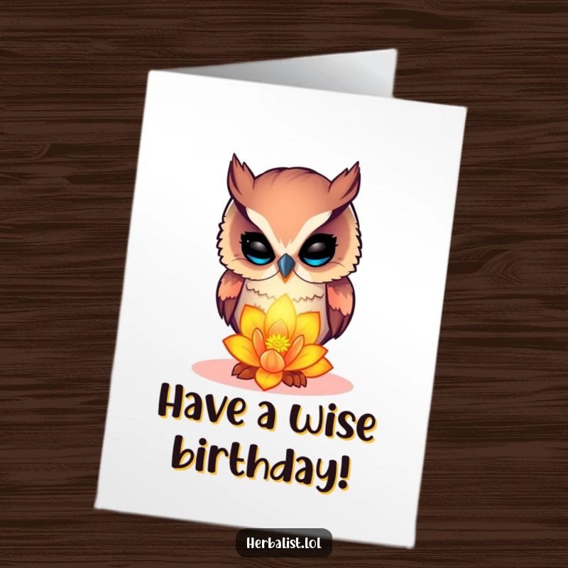 Funny Free Printable Birthday Card: Curious owl examining glowing flower, a moment of natural wonder and humor.