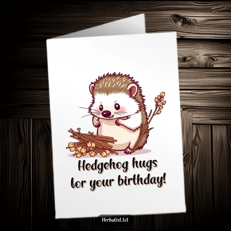 Funny Free Printable Birthday Card: Determined hedgehog arranging dried plants, a cute and earthy birthday greeting.