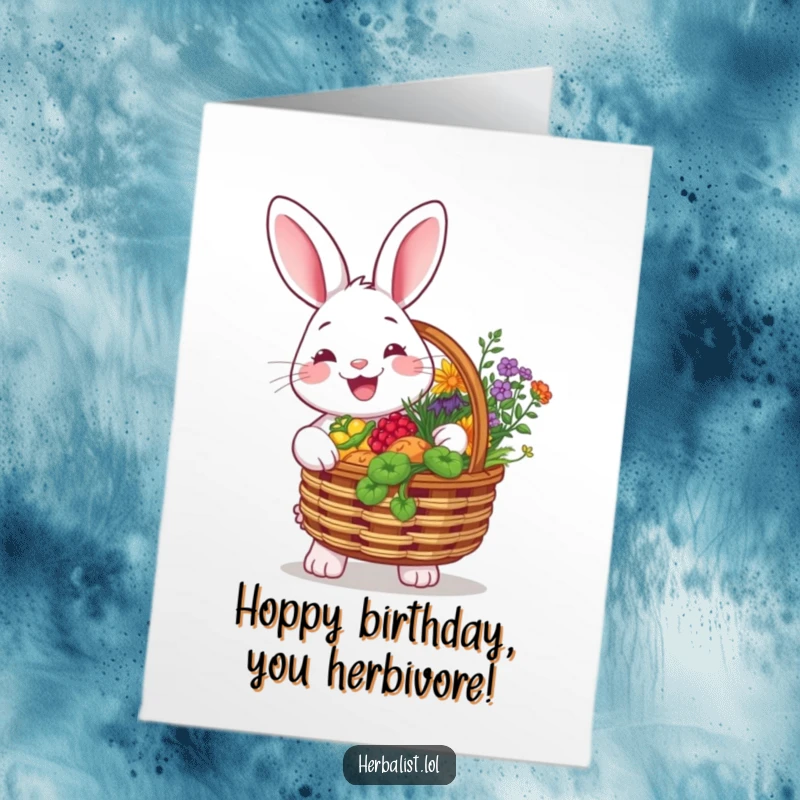 Funny free printable birthday card featuring a cheerful rabbit with a basket full of vibrant herbs, smiling.