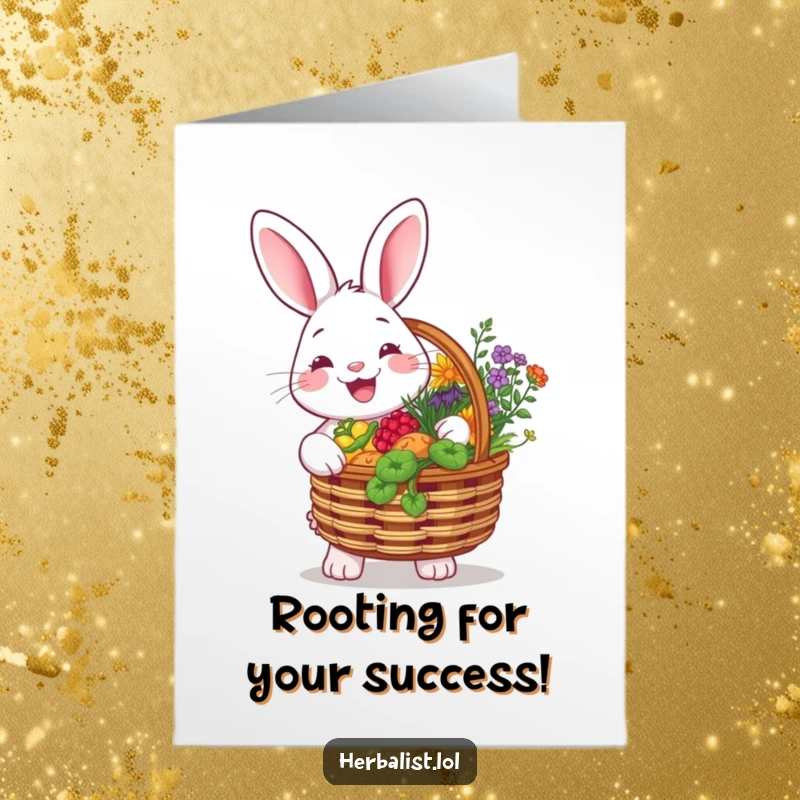 Funny free printable congratulations card showing a cheerful rabbit holding a basket brimming with colorful herbs.