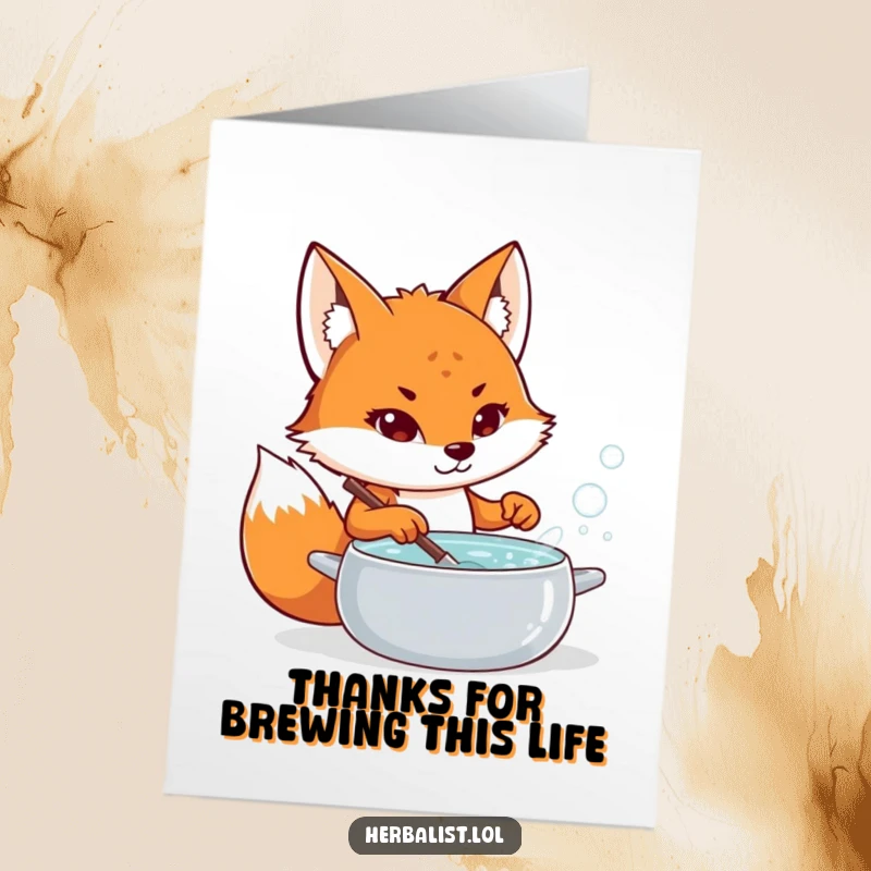 Funny Free Printable Thank You Card: Playful fox stirring bubbling potion, a magical thank you, downloadable art.