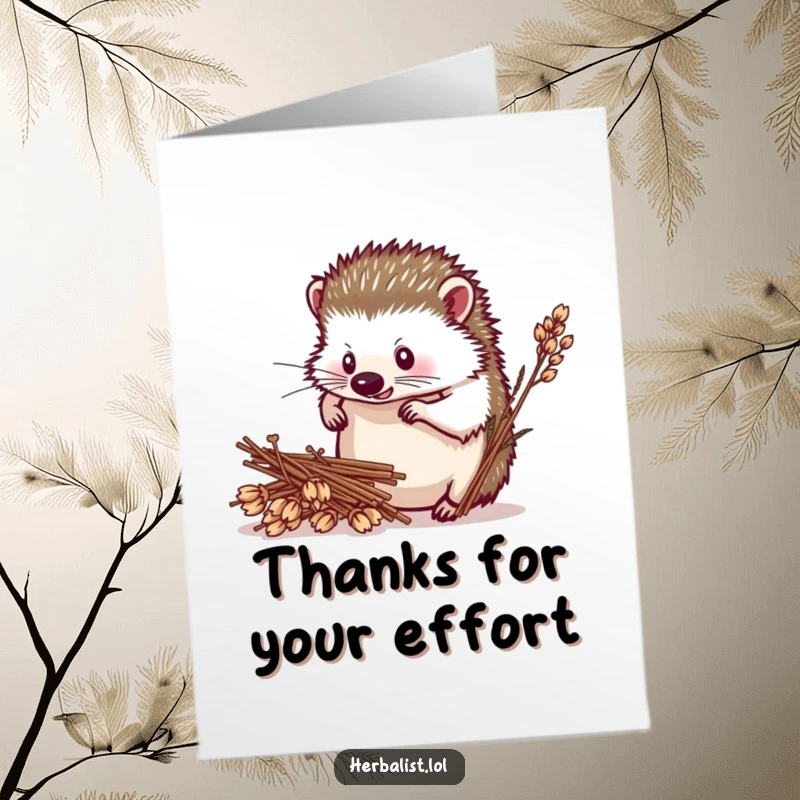 Funny Free Printable Thank You Card: Determined hedgehog arranging dried plants, a natural thank you, downloadable art.