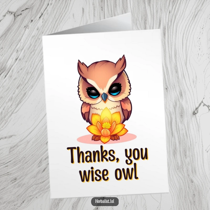 Funny Free Printable Thank You Card: Curious owl examining glowing flower, a beautiful thank you, downloadable art.