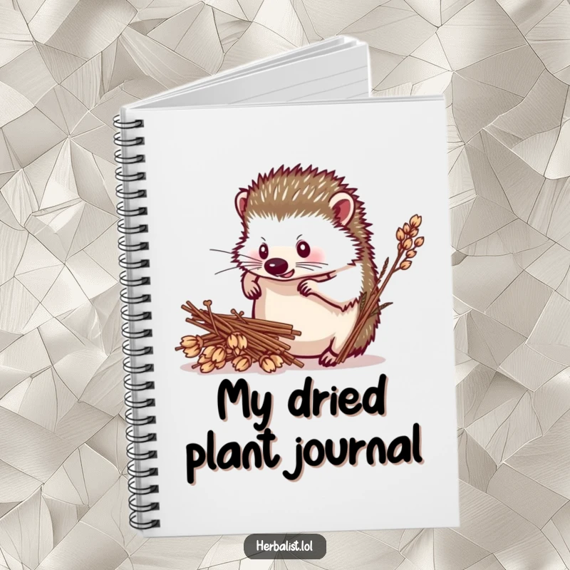 Funny hedgehog herbalist notebook, determined, arranging dried plants, organized and humorous for notes, excellent funny gift.