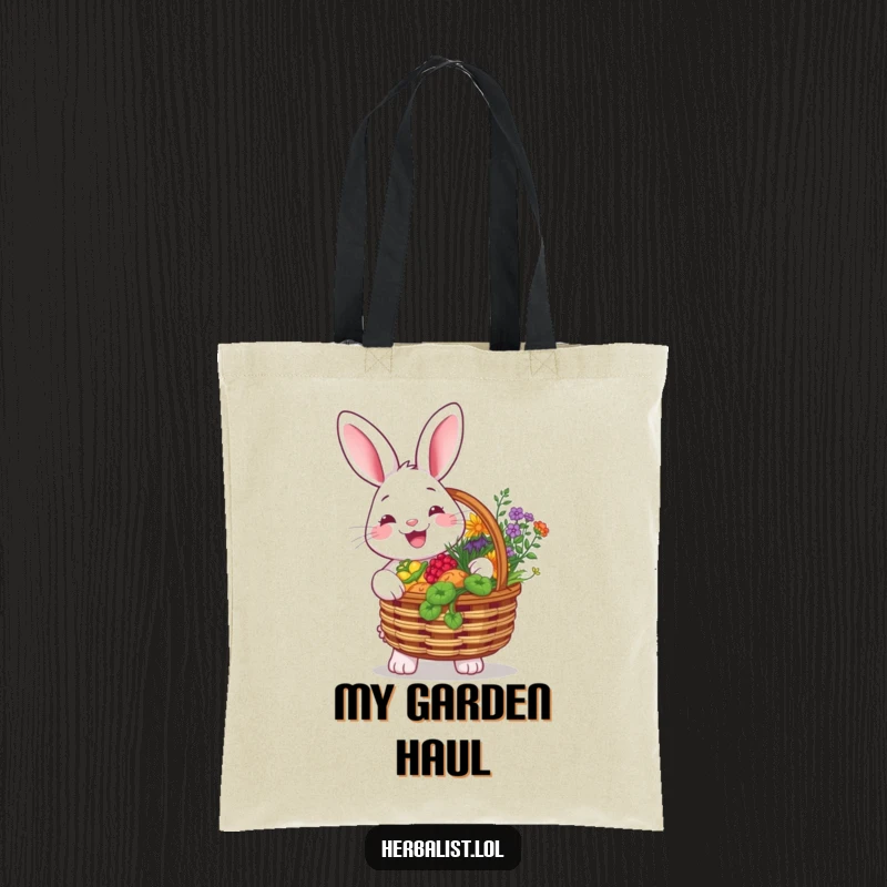 Funny tote bag with a cheerful rabbit holding a basket overflowing with colorful herbs, smiling brightly, perfect for carrying goodies and spreading garden cheer.